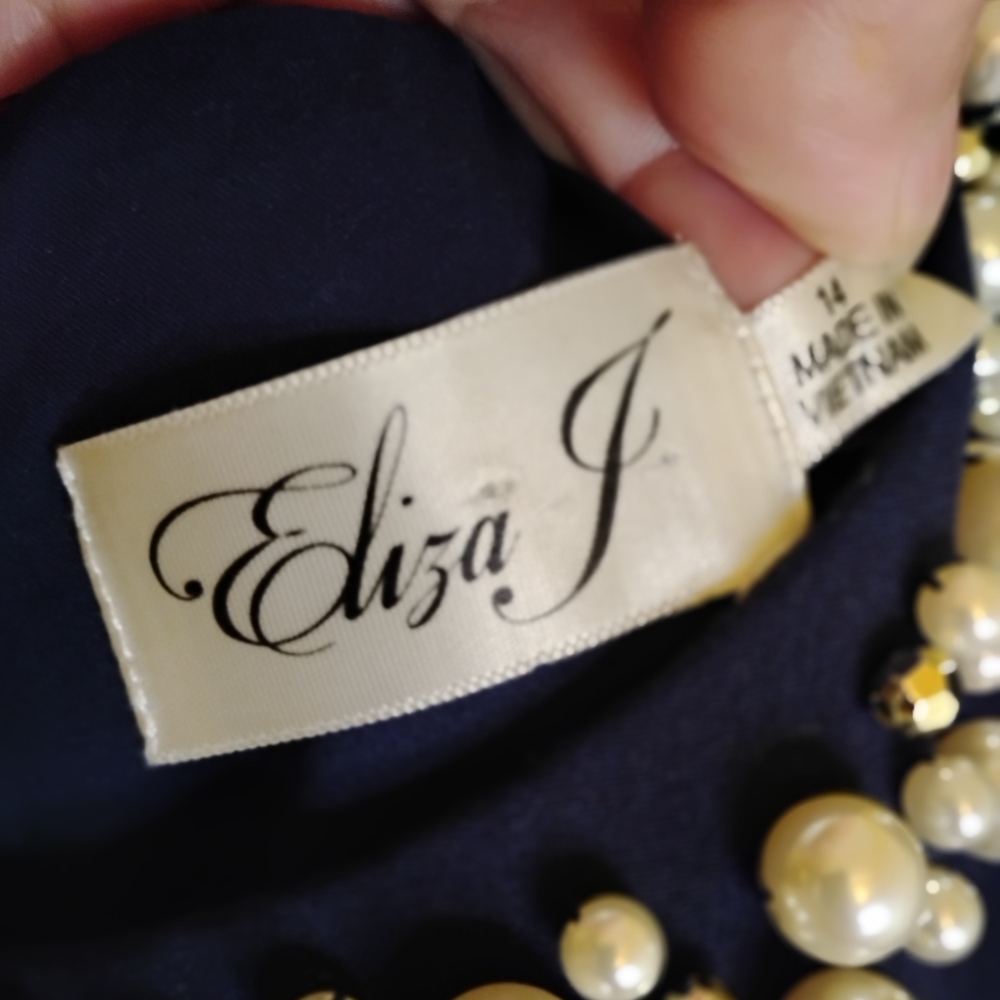 Elegant Navy Blue Sleeveless Dress From Eliza J with Embellished Neckline - Picture 6 of 6